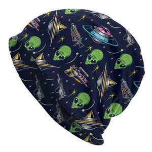 2627 UFO Vintage Colorful Alien Flying Universe Saucers Beanie Hat Cap